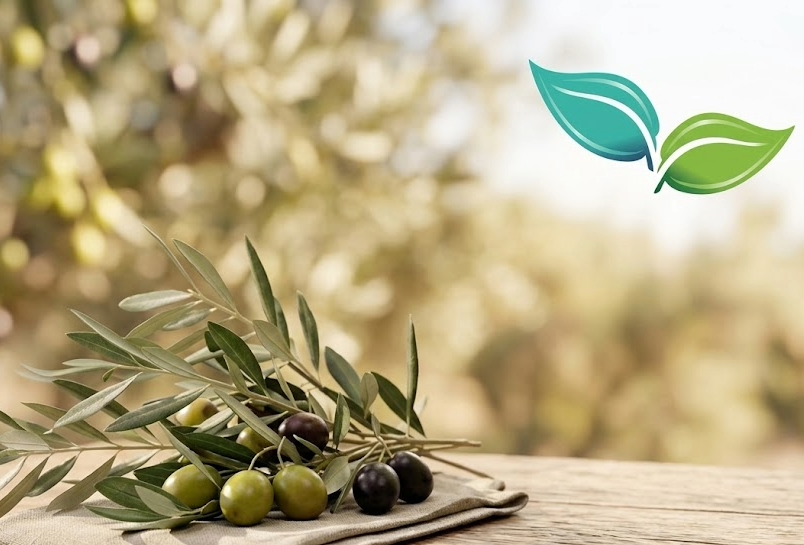 Olive branch with green and black olives on a wooden table, blurred outdoor background, eco-friendly leaves logo in top-right corner.