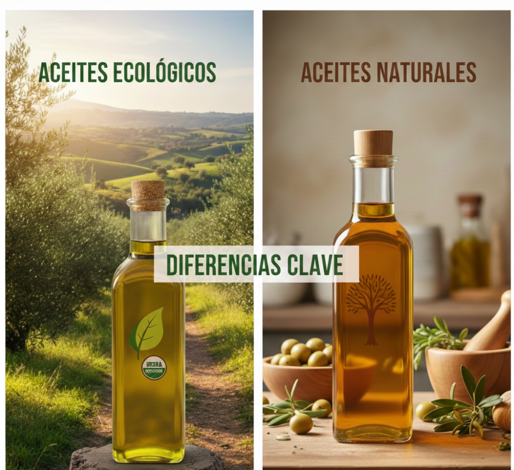 Two olive oil bottles side by side; left in a countryside setting labeled ACEITES ECOLÓGICOS, right in a kitchen labeled ACEITES NATURALES with a central DIFERENCIAS CLAVE banner.