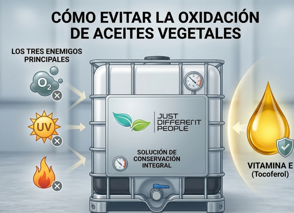 Infographic about preventing oxidation of vegetable oils, featuring a metal storage drum and related icons (sun, UV, flame).