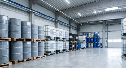 Industrial warehouse with rows of gray metal drums on wooden pallets and blue barrels along the walls, spacious and well-lit.