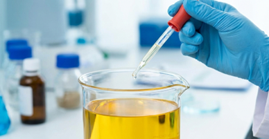Gloved hand using a pipette to transfer yellow liquid into a glass beaker in a laboratory setting.
