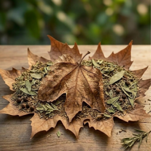 Dried autumn maple leaf centerpiece on a wooden table, surrounded by herbs and seeds and twigs.