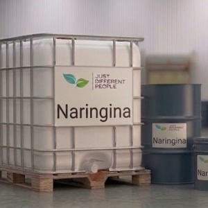 Large white IBC container on a pallet labeled 'Naringina' with a 'Just Different People' logo in a warehouse setting.