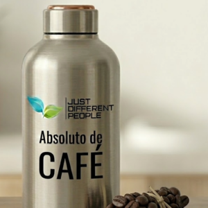 Stainless steel coffee flask labeled 'Absoluto de Café' with a small coffee bean cluster beside it.