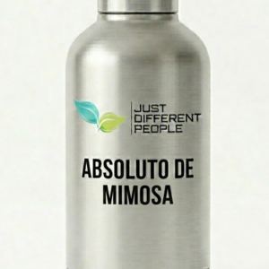 Stainless steel bottle with a green/blue leaf logo and the text 'JUST DIFFERENT PEOPLE' and 'ABSOLUTO DE MIMOSA' on the front.