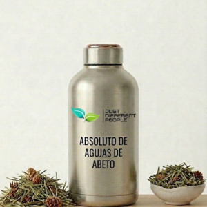 Stainless steel bottle labeled 'Absoluto de agujas de abeto' with a green leaf logo on a light background, pine needles around