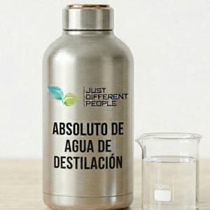 Stainless steel bottle labeled 'Absoluto de Agua de Destilación' with a green leaf logo and a beaker of water beside it.
