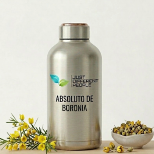 Stainless steel bottle with 'Absoluto de Boronia' branding and 'Just Different People' logo, placed on a table beside yellow flowers and a bowl of nuts.