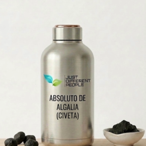 Silver stainless bottle with 'JUST DIFFERENT PEOPLE' logo and 'ABSOLUTO DE ALG ALIA (CIVETA)' text, set beside a bowl of dark powder and small black stones.