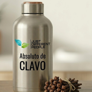 Stainless steel bottle with 'Just Different People' branding and 'Absoluto de CLAVO,' beside a bundle of cloves.