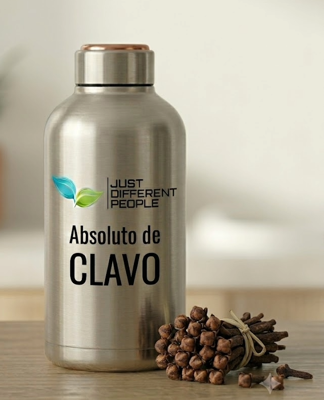 Stainless steel bottle with 'Just Different People' branding and 'Absoluto de CLAVO,' beside a bundle of cloves.