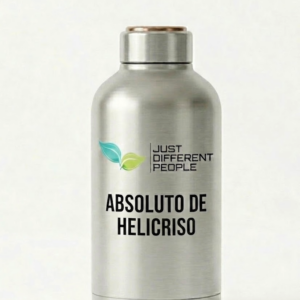 Silver metal bottle with a two-leaf logo and the brand name 'Just Different People' and the line 'ABSOLUTO DE HELICRISO'