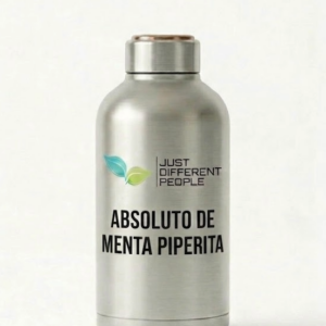 Metallic bottle with a two-leaf logo and the text 'Just Different People' and 'Absoluto de Menta Piperita' on a white background, likely peppermint extract.