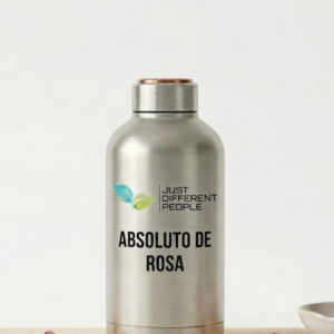 Stainless steel reusable water bottle with the label ‘ABSOLUTO DE ROSA’ and a small leaf logo on a light background.