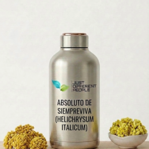 Stainless steel bottle labeled 'ABSOLUTO DE SIEMPREVIVA (HELICHRYSUM ITALICUM)' with a 'Just Different People' logo and green leaf icon, flanked by yellow blooms on a light background.