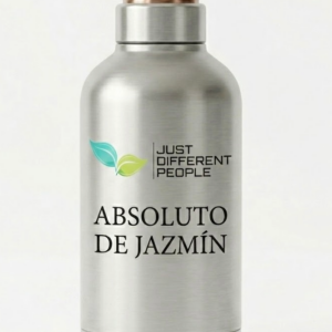 Metallic silver bottle labeled 'Absoluto de Jazmín' with a green leaf logo and 'Just Different People' text near the top, on a neutral background.