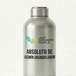Aluminum bottle with 'Just Different People' logo and 'Absoluto de Jazmín Grandiflorum' text, plus a green leaf icon.