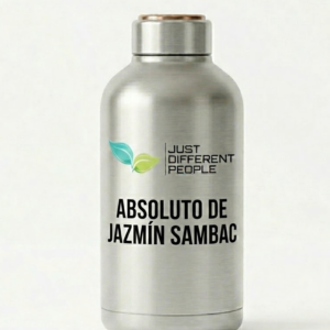 Silver stainless steel bottle with the label 'ABSOLUTO DE JAZMÍN SÅMBAC' and a 'JUST DIFFERENT PEOPLE' logo with two green leaves on the front surface.