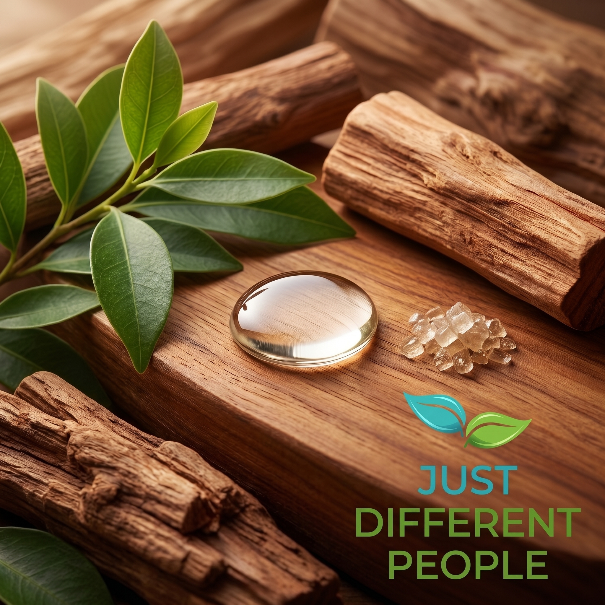 Close-up of wooden logs with green leaves in the foreground and partial blue and green text reading 'JUST DIFFERENT PEOPLE'
