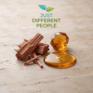 Poster-style image showing the phrase 'JUST DIFFERENT PEOPLE' in teal and green, with a teal/green leaf logo, decorative leaf patterns, and wood pieces in the foreground.